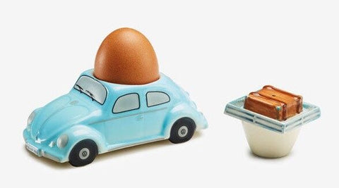 VW ORIGINAL BEETLE - EGG CUP + SALT SHAKER - GENUINE VW - BABY BLUE - GENUINE VW