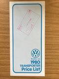 VW Transporter T25 T3 Van & Minibus + VW Golf Van dealer price list - 1980 / 81